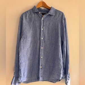 Charles Tyrwhitt 100% Linen Blue Casual Button Down Shirt Lg Slim Fit